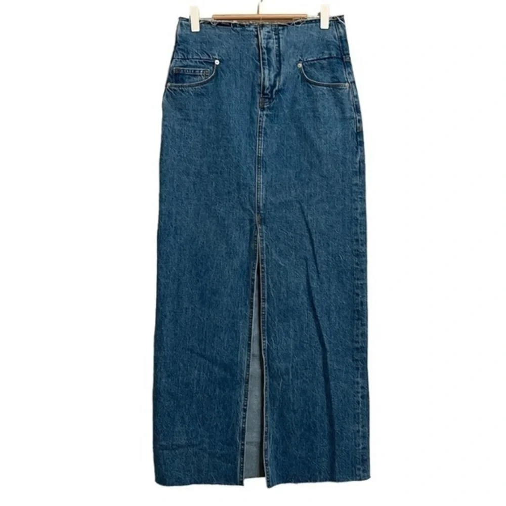 Frame Cut Off Waist Maxi Jean Denim Skirt Womens 24 Blue Front Slit Raw Hem